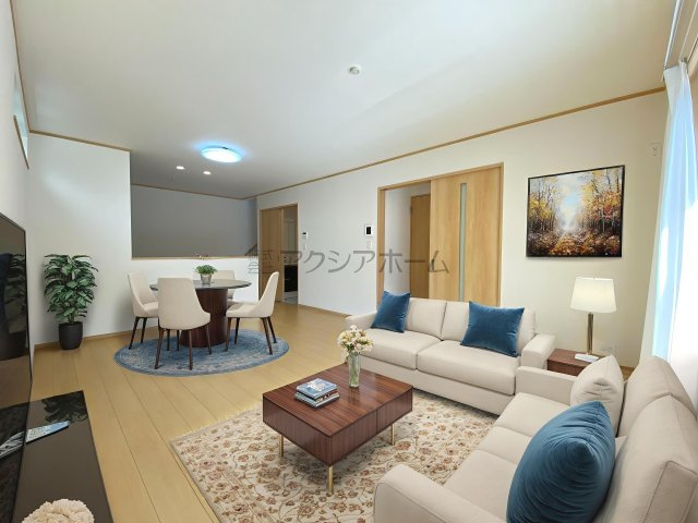 所沢市岩岡町・全2棟　新築一戸建　1号棟　～並列駐車2台可～の居間・リビング|南向きのワンフロアタイプのLDK16帖（家具はCG画像での表示になります）
