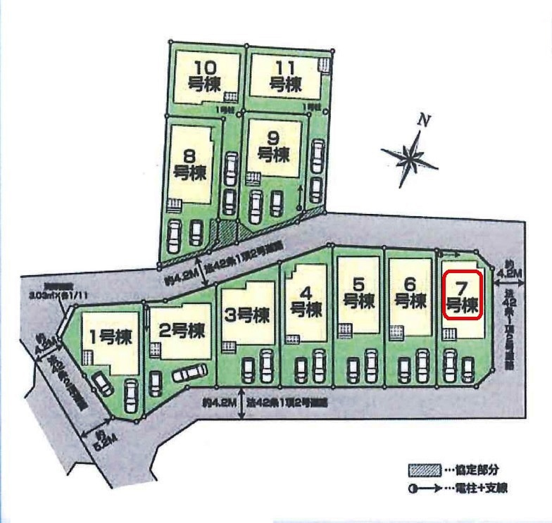 所沢市下安松・全11棟　新築一戸建　7号棟の区画図|【全11棟・7号棟】土地面積120.04平米（約36.31坪）