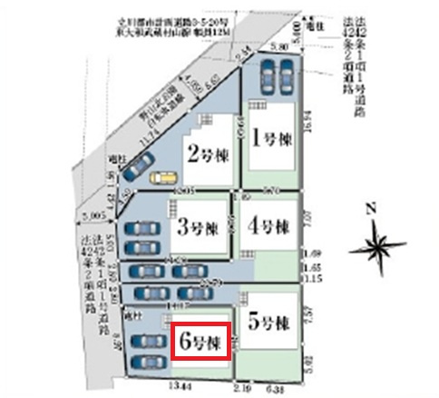 武蔵村山市本町3丁目・全6棟　新築一戸建　6号棟の区画図|【全6棟・6号棟】
並列駐車2台可能です。
