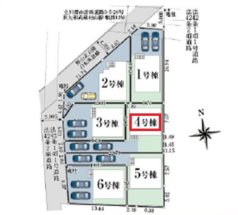 武蔵村山市本町3丁目・全6棟　新築一戸建　4号棟の区画図|【全6棟・4号棟】
縦列駐車2台可能です。