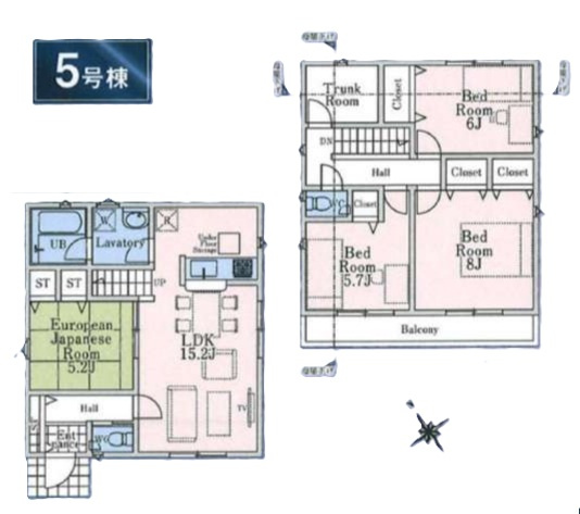 武蔵村山市残堀5丁目・全13棟　新築一戸建　5号棟の間取り|【全14棟・5号棟】
リビング階段15.2帖、主寝室8帖、納戸2.5帖あり、全居室収納付の4LDK。