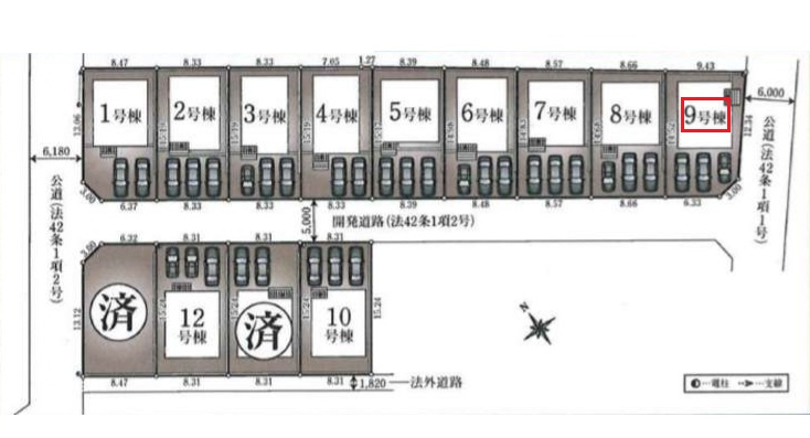 武蔵村山市残堀5丁目・全13棟　新築一戸建　9号棟の区画図|【全14棟・9号棟】
日当たり・通風良好な東南角地です。