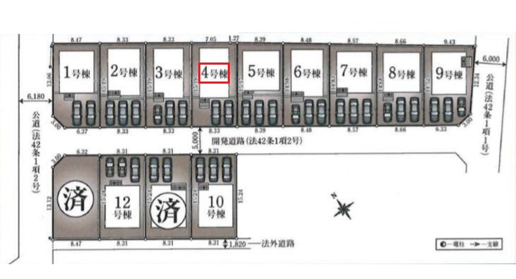 武蔵村山市残堀5丁目・全13棟　新築一戸建　4号棟の区画図|【全14棟・4号棟】
南道路に面し日当たり良好です。