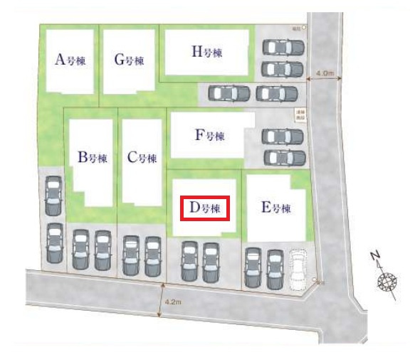 所沢市上新井2丁目・全8棟　新築一戸建　D号棟の区画図|【全8棟・D号棟】
並列駐車2台可、南道路に面し日当たり良好です。