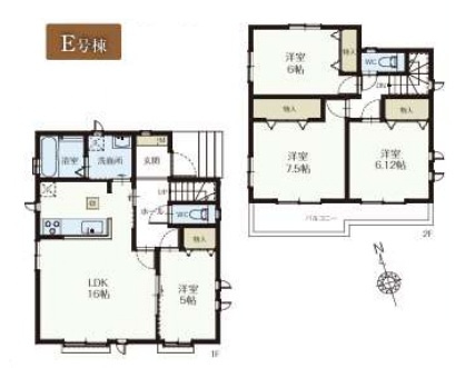 所沢市上新井2丁目・全8棟　新築一戸建　E号棟の区画図|【全8棟・E号棟】
並列駐車3台可、日当たり・通風良好な東南角地です。