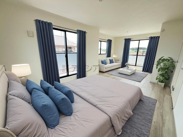 所沢市中富・全1棟　新築一戸建　～駐車並列3台可～の寝室|2F洋室13.8帖（家具はCG画像での表示になります）