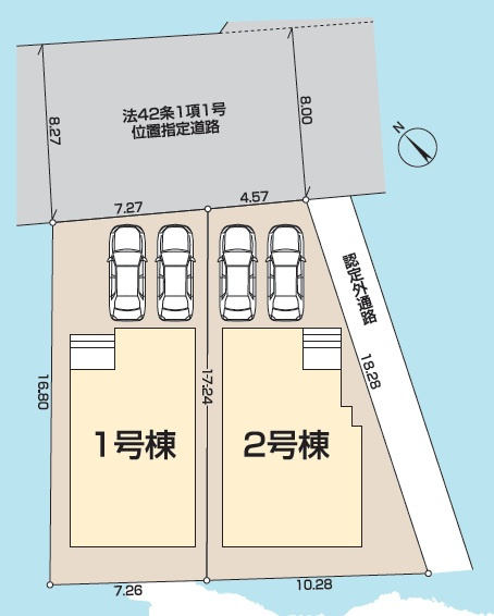 所沢市山口・全2棟　新築一戸建　2号棟　～和室あり～の区画図|幅員約8ｍの道路に面した開放感ある立地。カースペースは並列2台分ございます。