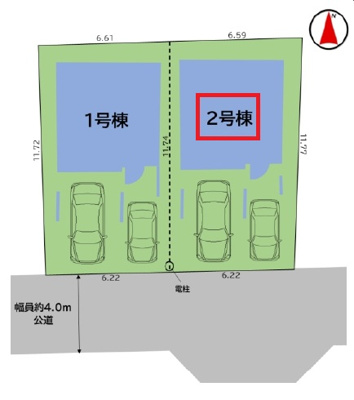 【区画図】 | 所沢市けやき台1丁目・全2棟　新築一戸建　2号棟 | 【全2棟・2号棟】
南道路に面し日当たり良好、並列駐車2台可能です。