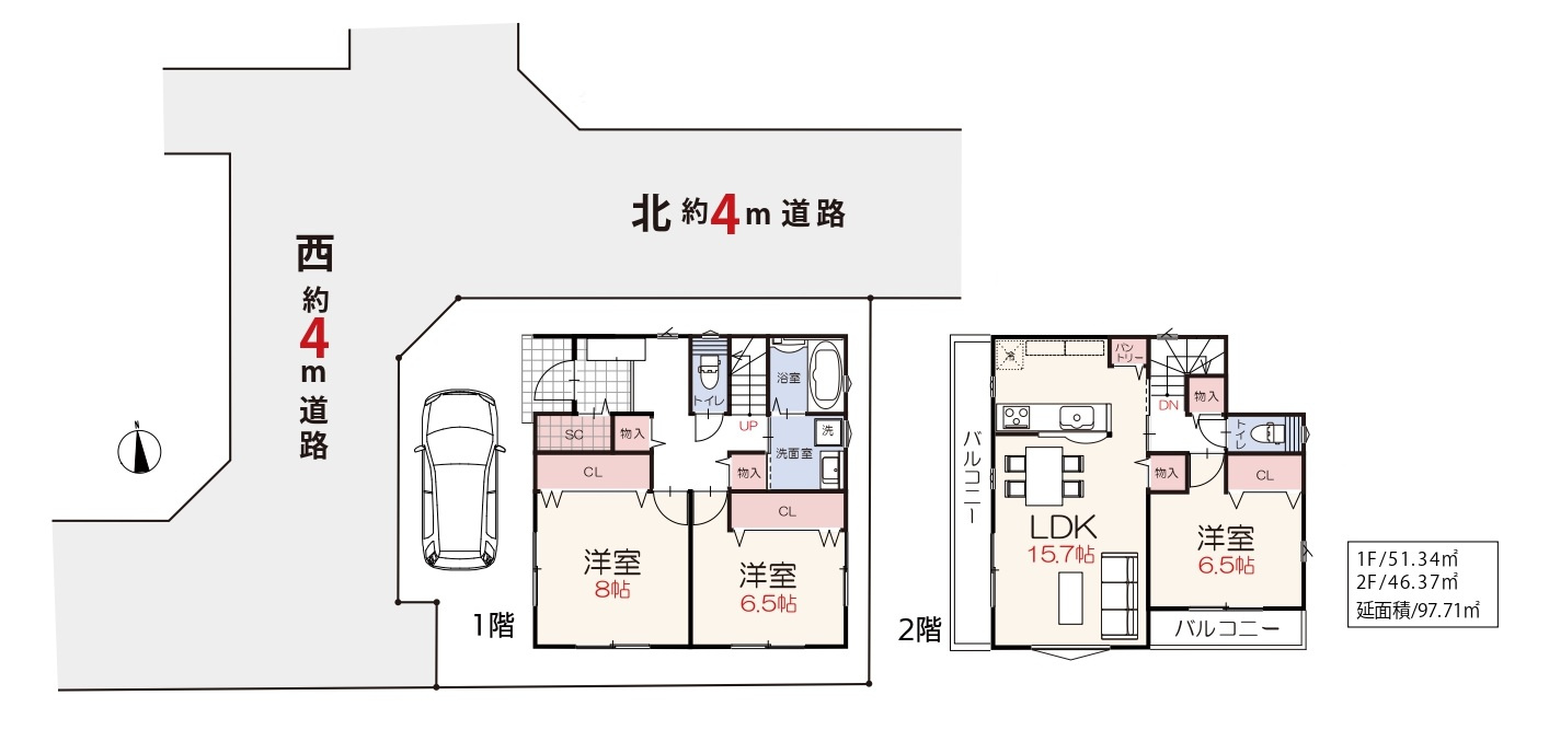 所沢市榎町・全1棟　新築一戸建　～北西角地～の区画図|駐車1台可、日当たり・通風良好な北西角地です。