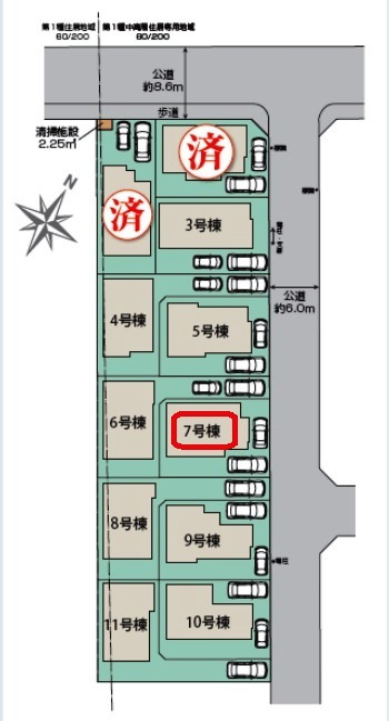 所沢市東所沢和田3丁目・全11棟　新築一戸建　7号棟の区画図|【全11棟・7号棟】整形地・土地面積127.20平米（約38.47坪）