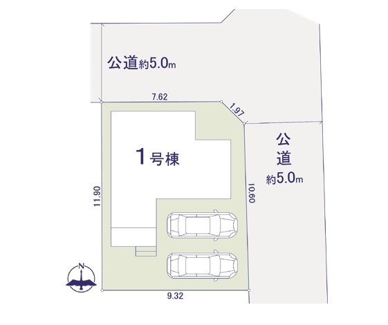 所沢市北秋津・全1棟　新築一戸建　～並列駐車2台可～の区画図|日当たり・通風良好な北東角地、並列駐車2台可能です。