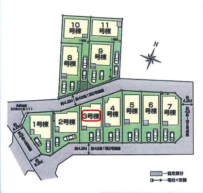 所沢市下安松・全11棟　新築一戸建　3号棟の区画図|【全11棟・3号棟】土地面積120.06平米（約36.31坪）
