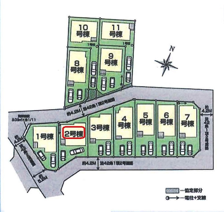 所沢市下安松・全11棟　新築一戸建　2号棟の区画図|【全11棟・2号棟】土地面積120.04平米（約36.31坪）