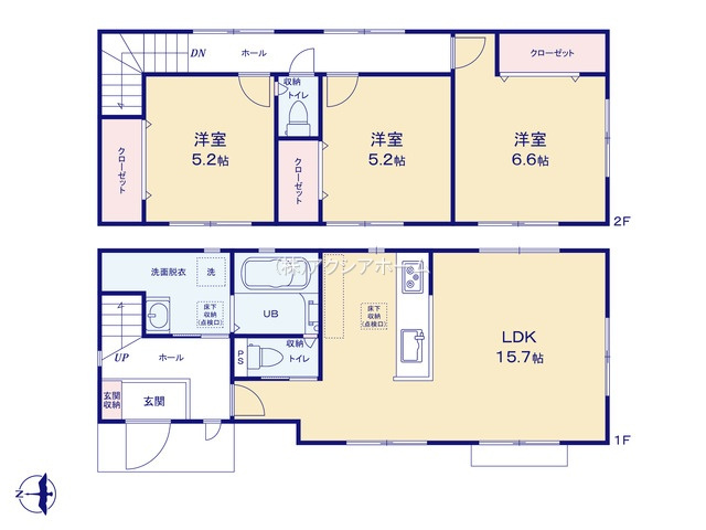 所沢市向陽町・全1棟　新築一戸建　～南西角地～の間取り|家族でゆったり過ごせるLDK15.7帖、主寝室6.6帖、室内に明るい日差しが差し込む全室南向きの3LDK。