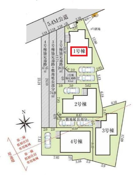 所沢市久米・全4棟　新築一戸建　1号棟　～全居室6帖以上～の区画図|【全4棟・1号棟】
並列駐車2台可能です。