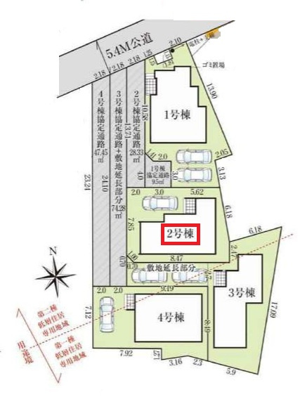 所沢市久米・全4棟　新築一戸建　2号棟　～全室2面採光～の区画図|【全4棟・2号棟】
駐車1台可能です。