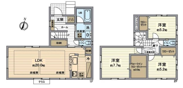 所沢市向陽町　中古一戸建　～床暖房付きLDK20帖～の間取り|広々ゆったりLDK20帖、全居室2面採光の3LDK!