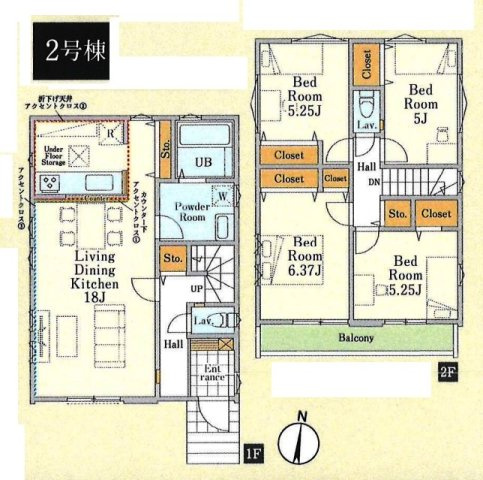 所沢市北所沢町・全2棟　新築一戸建　2号棟　～LDK18帖～の間取り|【全2棟・2号棟】南向きの広々LDK18帖、2階に洋室4室配置した4LDK!