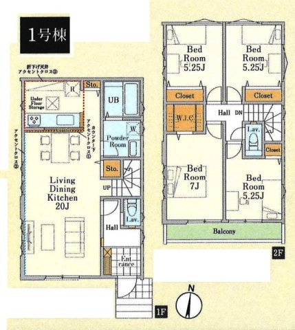 所沢市北所沢町・全2棟　新築一戸建　1号棟　～LDK20帖～の間取り|【全2棟・1号棟】南向きの広々LDK20帖、2階に洋室4室配置した4LDK!