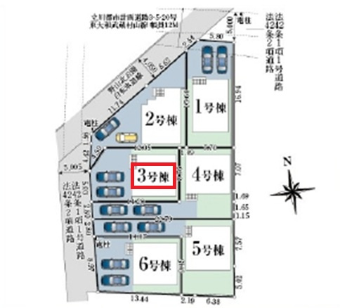 武蔵村山市本町3丁目・全6棟　新築一戸建　3号棟の区画図|【全6棟・3号棟】
並列駐車2台可能です。
