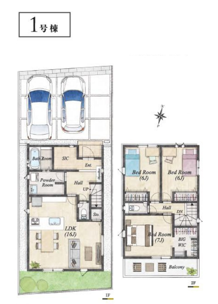 所沢市けやき台1丁目・全2棟　新築一戸建　1号棟の間取り|【全2棟・1号棟】
家族でゆったり過ごせるLDK16帖、大型WIC付主寝室7帖、全居室6帖以上、室内に明るい日差しが差し込む全室2面採光の3LDK。