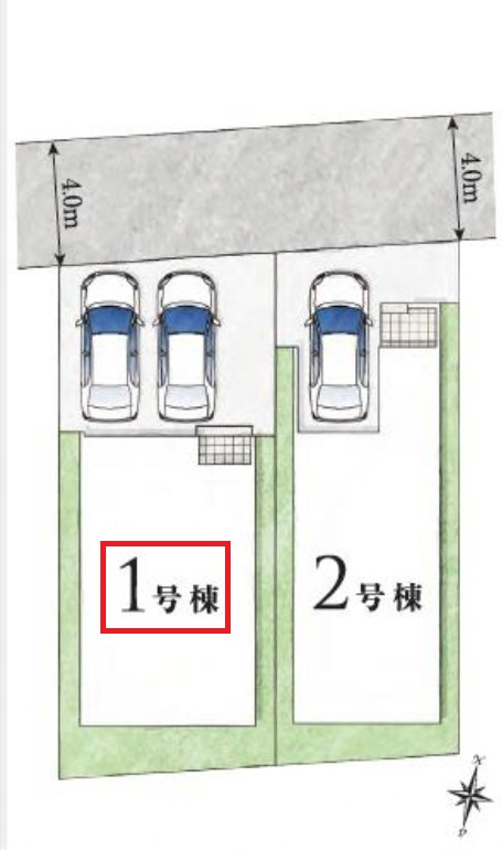 所沢市けやき台1丁目・全2棟　新築一戸建　1号棟の区画図|【全2棟・1号棟】
並列駐車2台可能です。(車種制限あり)
