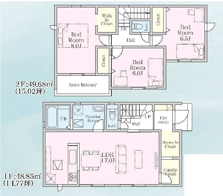 新築　佐波郡玉村町斎田第２期　LIGNAGE　7号棟の間取り|建物面積98.53㎡　全居室6帖以上！シューズインクローク・ファミリークローク・ウォークインクローゼット・各部屋収納付き！日当たりの良いバルコニーは気持ち良くお洗濯物が干せます！							
