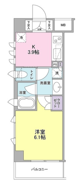 リバーレ蒲田仲六郷の間取り|1DKに近いキッチン広めの1K　キッチンにテーブルを置いてテレワークや食事もとれる広さです。