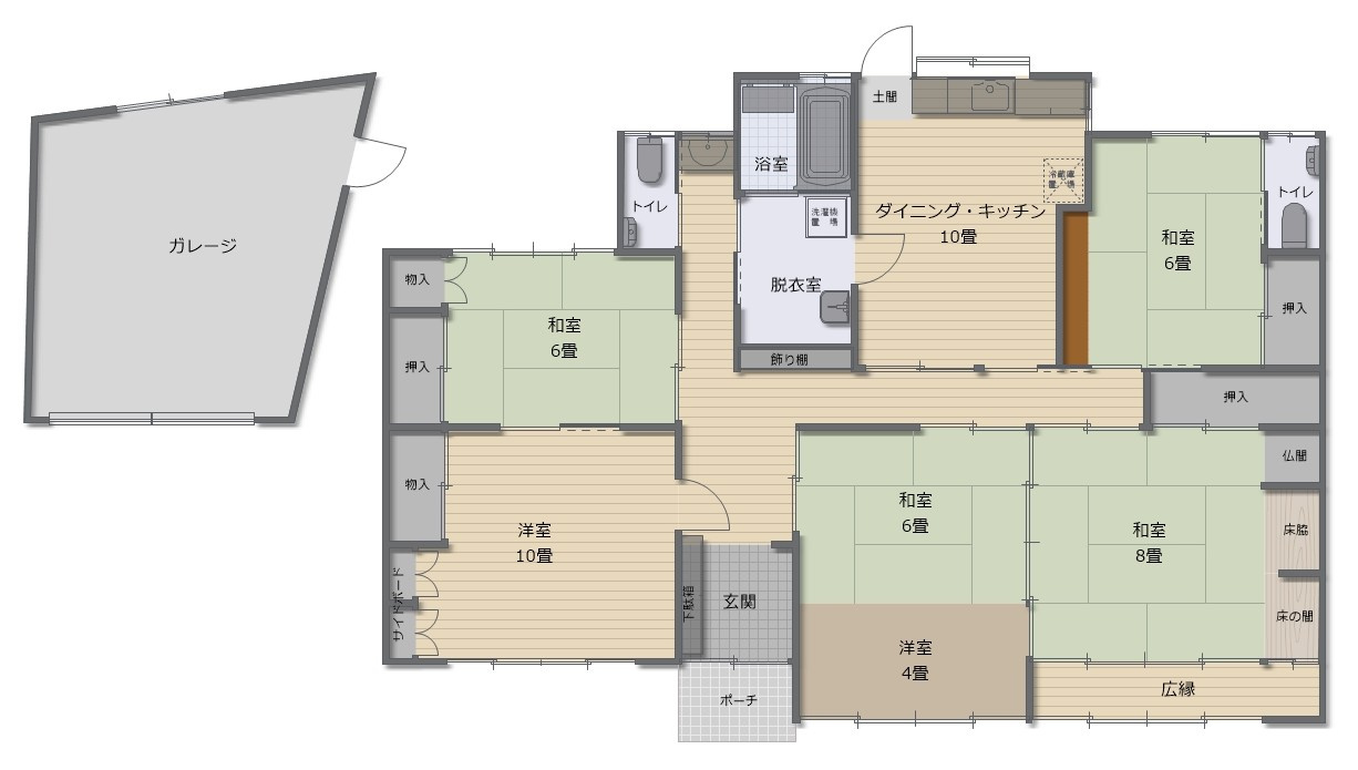 津山市押入中古住宅 5DK＋ガレージの間取り|ゆとりのあるプランニング