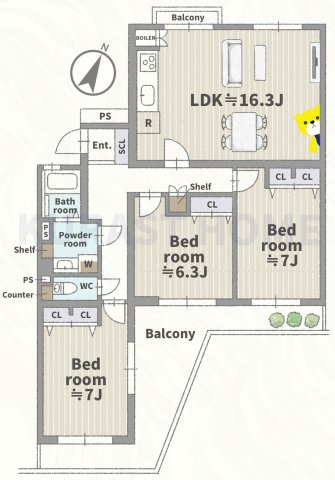 境谷西第2住宅団地16号棟　3階の間取り