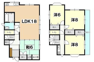 和歌山市三葛（紀三井寺駅）の間取り|和室、各洋室すべてに収納スペースがあります。1階、2階にトイレがありとても便利な間取りです。