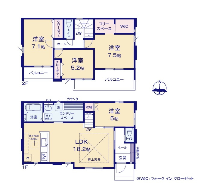 ケイアイフィット　水戸市河和田　12期 　限定1棟！の間取り|　
☆水廻りコンパクトで家事動線ラクラク。広めの洗面室にカウンターが嬉しい♪2階は全室明るい南向き、家族の気配が感じられて安心できるリビング階段です。