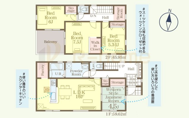 小美玉市清風台団地第6　新築戸建て　1号棟の間取り|4LDK＋WIC＋パントリー＋ストレージルーム、土地面積206.43ｍ2、建物面積105.57m2