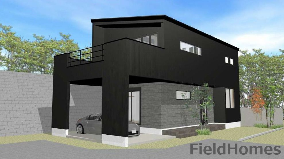 ラフシアNAGANUKIⅡ　新築モデルの外観パース|外観イメージ「ラフシア名古木Ⅱ」
外壁・屋根にはBLACKガルバリウム使用
