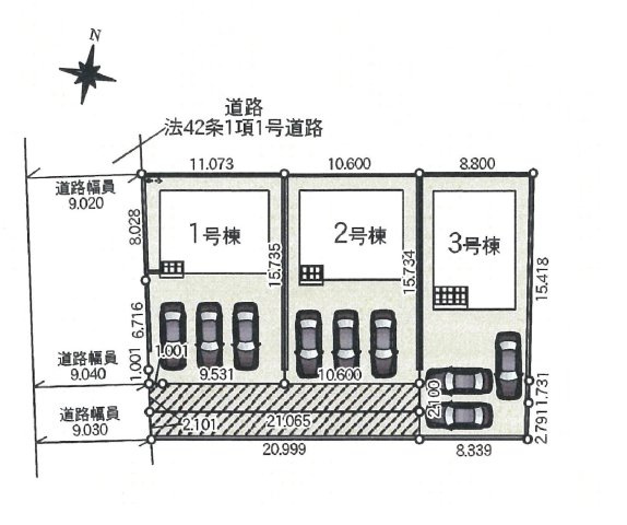 仲介手数料無料　吉見町東野１丁目　新築戸建　全3棟の区画図