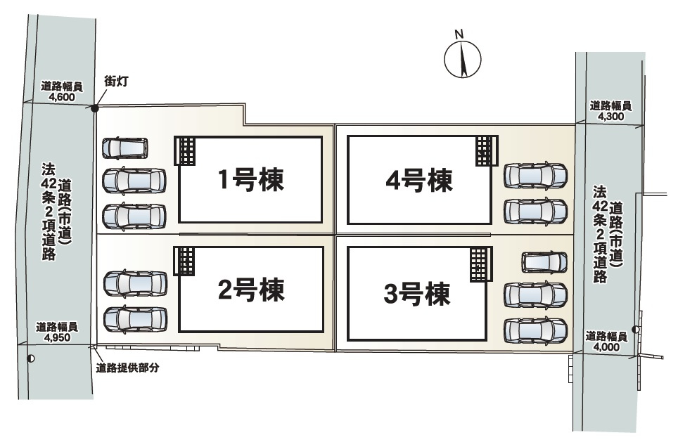 クレイドルガーデンうるま市石川 第７・２号棟の区画図|２号棟／接道状況：西側4.6～5.1ｍ公道（道路提供部分：2号棟2.52㎡含む）
