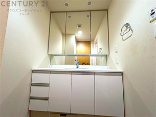 化粧品や洗顔料、歯ブラシなどの必需品をまとめて置ける収納スペースがあり、使用するたびに取り出す手間が省けます。また、水回りのため、濡れても大丈夫な素材が使用されており、お手入れが簡単です。