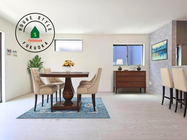 福岡市城南区梅林3丁目第2-2棟(2号棟)の居間・リビング|明るく開放的なリビングダイニングは豊かな陽光が注ぎ込み、やすらぎの空間を演出してくれます。ご家族で楽しいひとときをお過ごし下さい。※家具はCGを合成したものです。