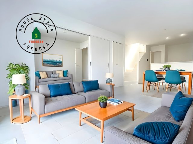 福岡市城南区西片江2丁目第1-2棟（1号棟）の内観：施工例|明るく開放的なリビングダイニングは豊かな陽光が注ぎ込み、やすらぎの空間を演出してくれます。ご家族で楽しいひとときをお過ごし下さい。※家具はCGを合成したものです。