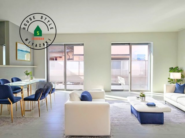 古賀市天神4丁目第2-2棟(2号棟）の居間・リビング|明るく開放的なリビングダイニングは豊かな陽光が注ぎ込み、やすらぎの空間を演出してくれます。ご家族で楽しいひとときをお過ごし下さい。※家具はCGを合成したものです。