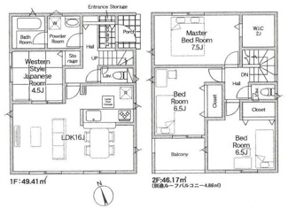 【間取り】 | 愛川町中津  1号棟 第134 | 防犯カメラ（利用時Wifi接続必要）　人感センサー付玄関灯　インナーバルコニー　浴室乾燥機+窓　全居室収納