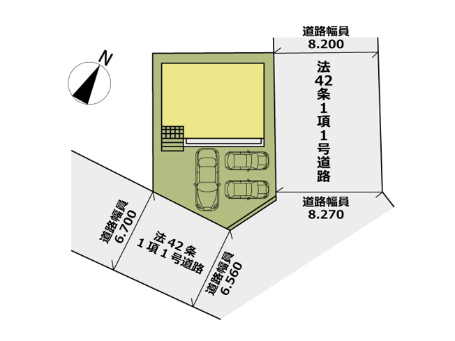 【区画図】 | 志木市下宗岡4丁目　新築一戸建住宅　全1棟　(丸井志木店) | 陽光に恵まれた東南角地。
ご家族や来客用にも安心のカースペース2～3台分を確保しています。（駐車台数は車種によります）