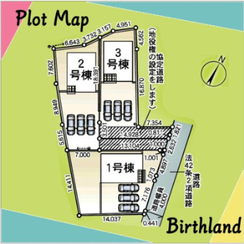 新築戸建・新築建売　桐生市広沢町2丁目【制震+耐震】桜木小・桜木中の区画図|カースペース3台(車種による)※敷地内に電柱及び支線が入る場合がございます。