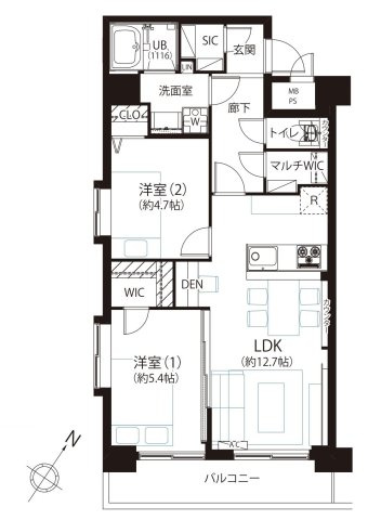ライオンズプラザ本蓮沼の間取り|専有面積57.39㎡の2LDK+WIC+マルチWIC+SIC 収納が豊富な間取りです