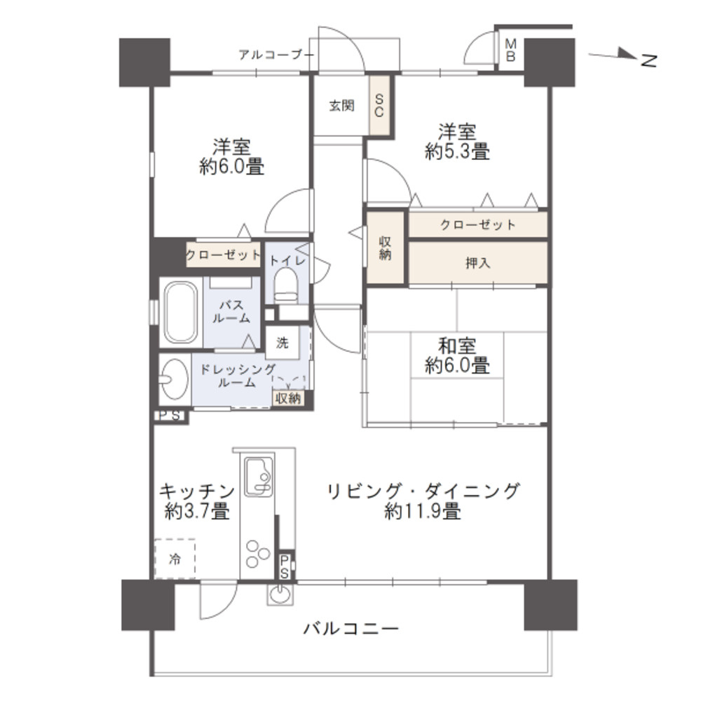 サーパス笹沖参番館の間取り|各居室に収納スペースが確保されております♪