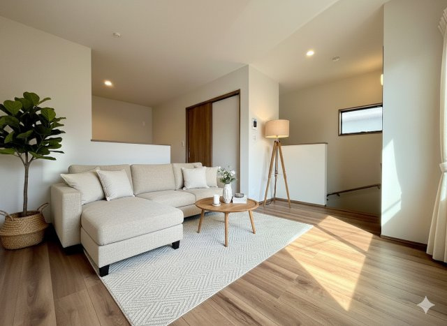 八潮市古新田　新築戸建　全1棟の居間・リビング|現況の物件写真にCGによる画像処理を行っています。家具、家電、小物、カーテン等はイメージはCGです。