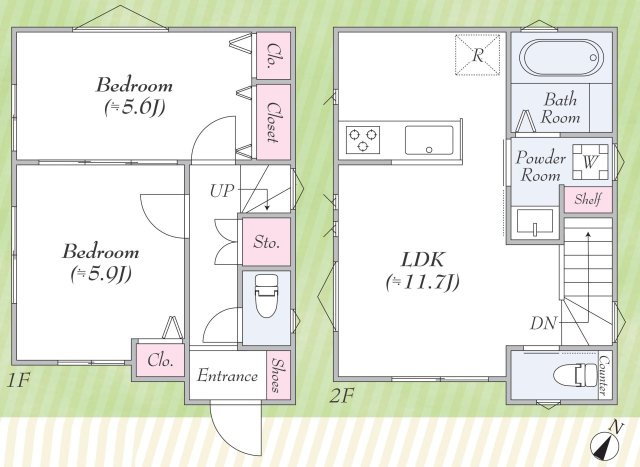 八潮市古新田　新築戸建　全1棟の間取り|2階リビングの為、プライバシーを確保できます