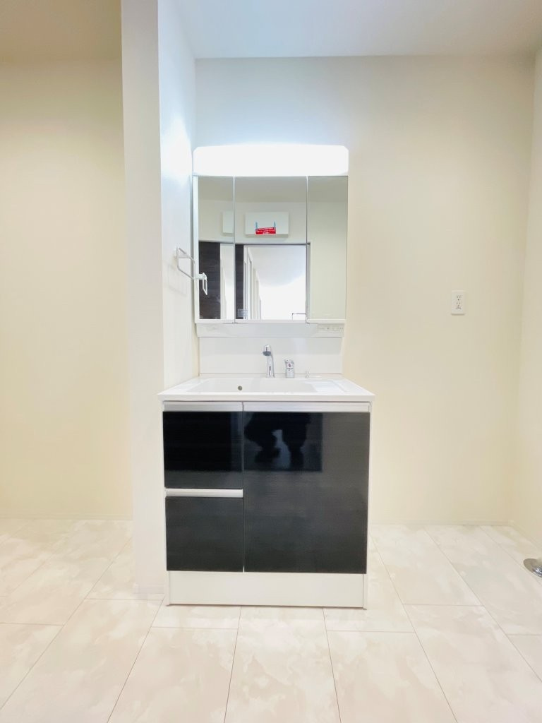 岡崎第255下和田町　新築分譲住宅　全3棟　3号棟の独立洗面台|三面鏡仕様の洗面台！鏡の裏は収納になっています♪