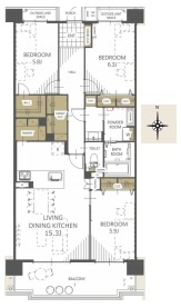 プロムナード大宮春野B-4番館の間取り|プロムナード大宮春野B-4番館、3LDK、専有面積85.8m2、バルコニー面積12.86m2
