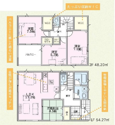 新築　桐生市広沢町第18　クレイドルガーデン　１号棟の間取り|建物面積102.47㎡　全居室南向きで日当たり良好！ウォークインクローゼット・各部屋収納付きで便利です！インナーバルコニーなので突然の雨でもお洗濯物も安心です♪

